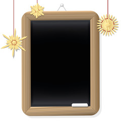 Straw stars and a blank rustic wooden blackboard to write christmas wishes on it. Illustration on white background.