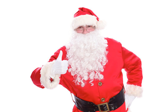Kind Santa Claus thumb up, isolated on white background