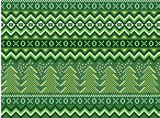 Vector pixel seamless winter holiday pattern with pines and snowflakes