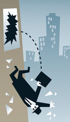 A cartoon secret agent character in a dark suit and sunglasses smashing through a window and falling in a big city.