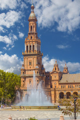 Fototapeta na wymiar Bell Tower in the famous Plaza of Spain in Seville, Spain
