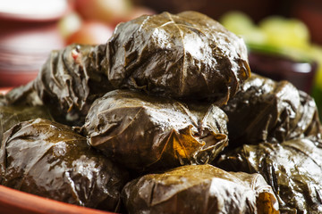 Traditional Greek dolma with meat in grape leaves, yogurt sauce,