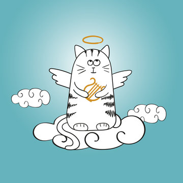 Cartoon angel cat on the cloud. Doodle vector illustration. 