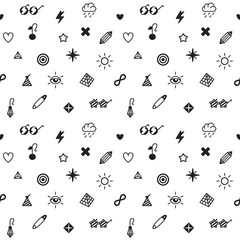 Rave, punk and glam symbols seamless vector pattern in black and white colors (symbols can be used as icons)