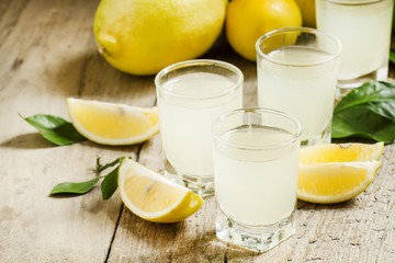 Traditional homemade lemon liqueur limoncello and fresh citrus o