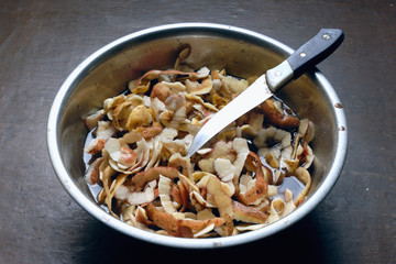 Heap of potato husk in metal container
