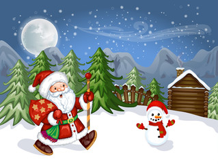 Merry Christmas Card .Illustration of a funny cartoon Santa Claus and snowman
