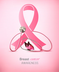 Obraz premium Breast cancer awareness ribbon on a pink background. Vector.