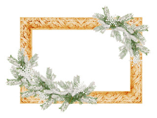 photo frame with snowy spruce tree branches isolated on a white background