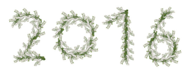 2016 inscription made from snow-covered fir branches isolated on white background
