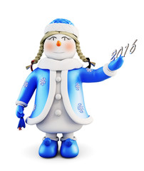 Snowman-girl isolated on white background. Front view. 3d.