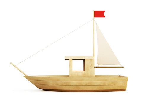 Wooden Sailboat Side View. 3d.