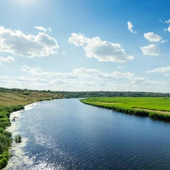 Fototapete Rund river in green landscape and cloudy sky over it © Mykola Mazuryk