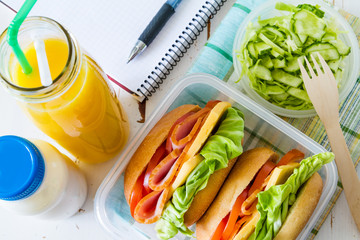 Lunch box with sandwich salad and friuts