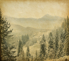 Fototapety  Retro obraz zimowy krajobraz w Karpatach. rocznik papieru.