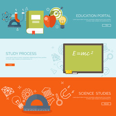 Vector illustration. Flat backgrounds set. Distance education ,learning. Online courses and web school. Knowledge ,information. Study process. E-learning