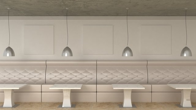Empty picture frames in classic cafe interior background on the decorative wall with marble floor. Cafe sofa, table and luster. Copy space image. 3d render