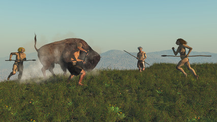 Group of neanderthal hunting a bison - obrazy, fototapety, plakaty