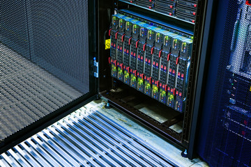 cluster of hard drives in a data center rack