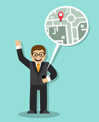 happy businessman holding telefon.Telefon with the navigator shows the person's whereabouts on the map
