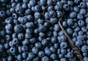 Blueberries with a metal spoon vintage close up