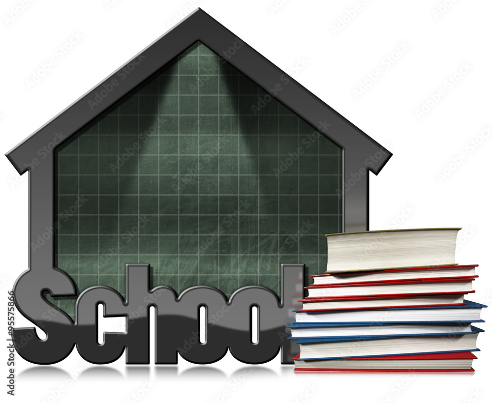 Poster blackboard - school building shaped / empty and green blackboard with black frame in the shape of sc