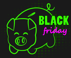 Black Friday with pig bank on dark halftone background vector.