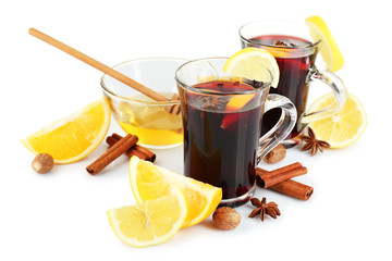 Composition of mulled wine and citrus isolated on white background