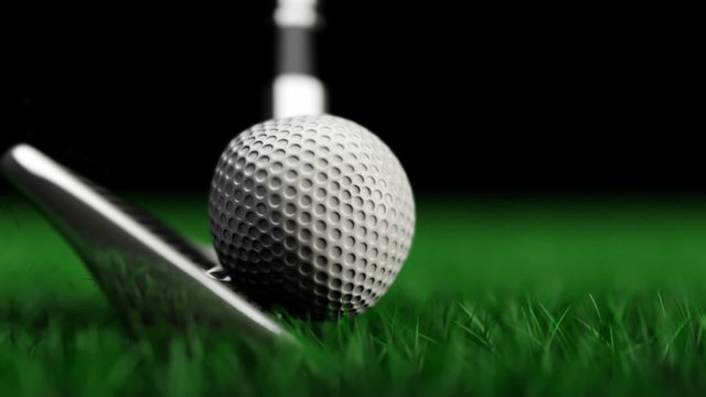 Golf Swing Slow Motion Animation. a golf club wedge swings and makes contact with a golf ball in slow motion. blades of glass fly around. shallow depth of field.

