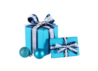 wrapped blue gift boxes and Christmas balls, isolated on white