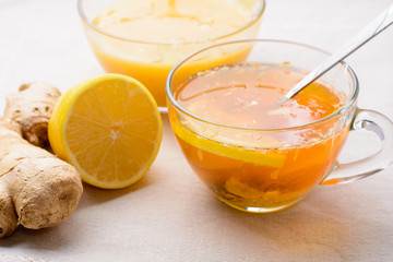 Cup of tea with lemon, honey and ginger