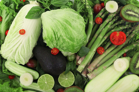 Close-up composition of various raw organic vegetables and fruit