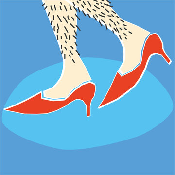 A Pair Of Hairy Female Or Possibly Male Bare Legs Walking Along In Red High Heels