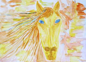 Children's drawing watercolor horse