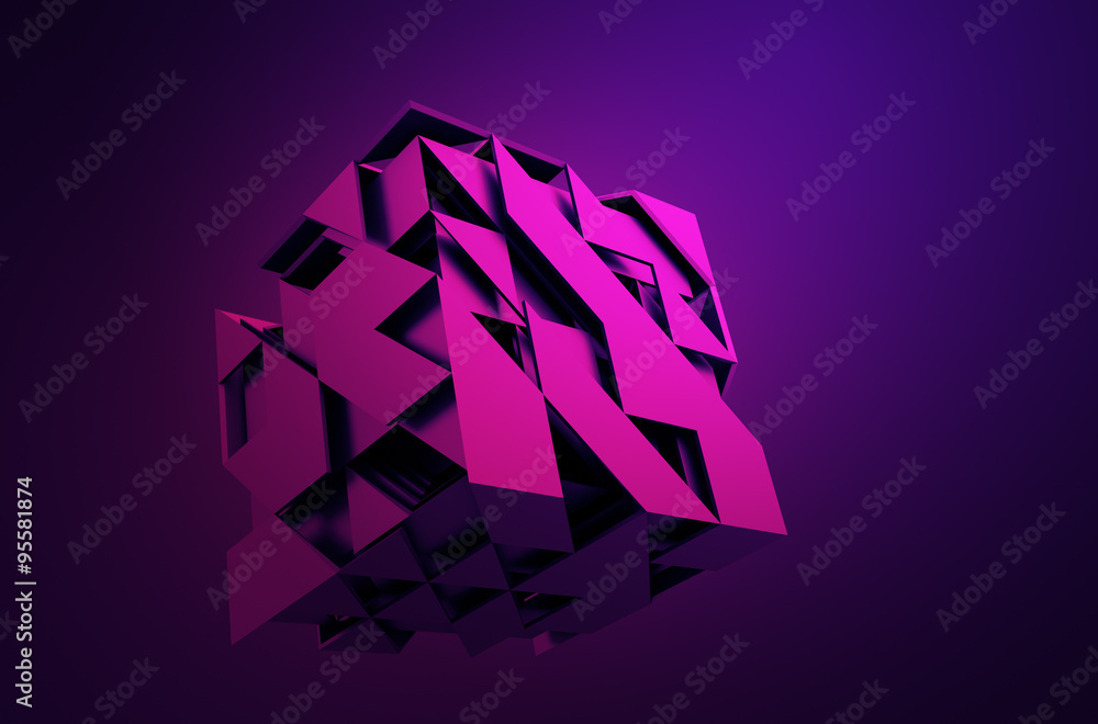 Poster abstract 3d rendering of flying cube.