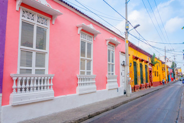Beautiful house facades in the streets of Cartagena, Colombia