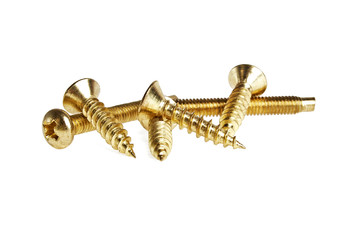 Golden screws on white background