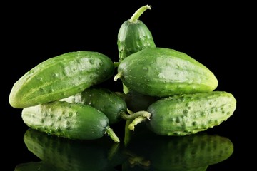Many fresh raw cucumbers isolated on black