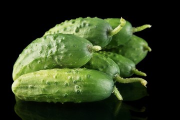 Many fresh raw cucumbers isolated on black