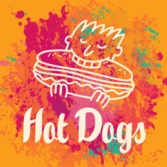 logo for hot dog restaurant with a pattern that the man eating hot dog