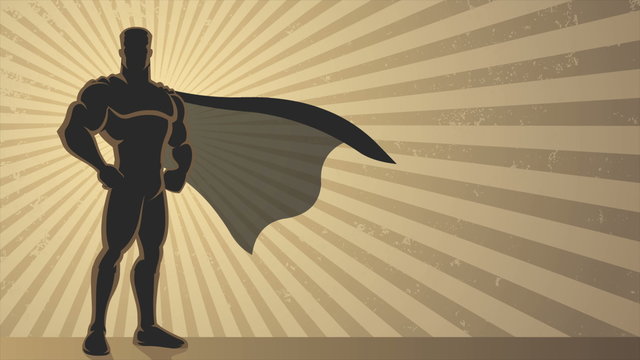 Superhero Background Loop / Animation of superhero over grunge background with copy space. 