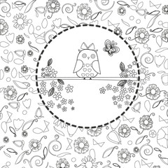 Coloring book page for adults line art creation, owls and flowers, relax and meditation