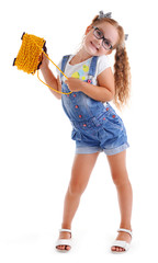 Happy girl with yellow cord isolated on white background