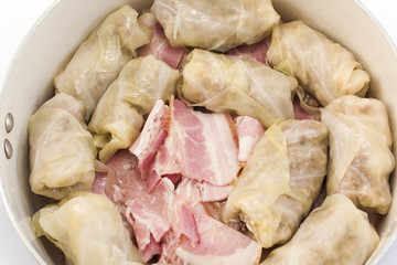 Cabbage rolls with sauerkraut ready for cooking