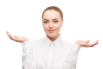 Beauty bussines woman portrait. Proposing a product. Beautiful g