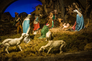 Christmas Manger scene with figurines including Jesus, Mary, Jos
