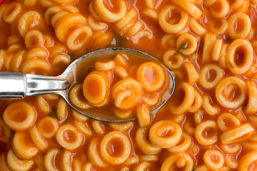 Close view of round spaghetti in a tomato sauce with spoon