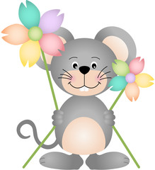 Cute mouse holding two flowers
