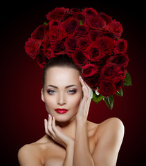 Beautiful model woman rose flower in hair beauty salon makeup Yo