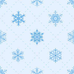 Fototapeta premium Seamless pattern of snowflakes, blue on light blue